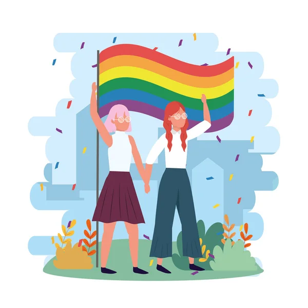 Pareja Mujeres Con Bandera Arco Iris Lgbt Ilustración Vector Comunidad — Archivo Imágenes Vectoriales