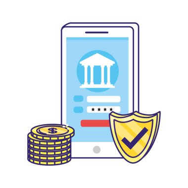 teknoloji cihazı ve banka elemanları karikatür vektör illüstrasyon grafik tasarım ile para finans kavramı tasarrufu