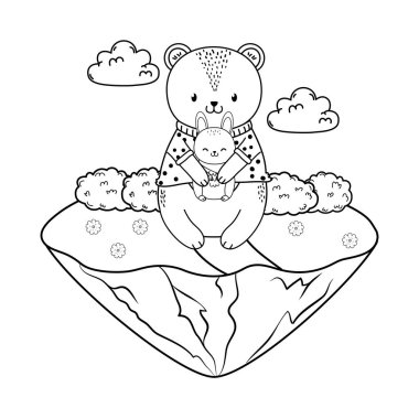 sevimli ayı ve tavşan alanında ormanlık karakter vektör illüstrasyon tasarım