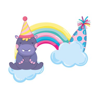 şirin ve küçük su aygırı ile parti şapka ve gökkuşağı vektör çizim tasarım