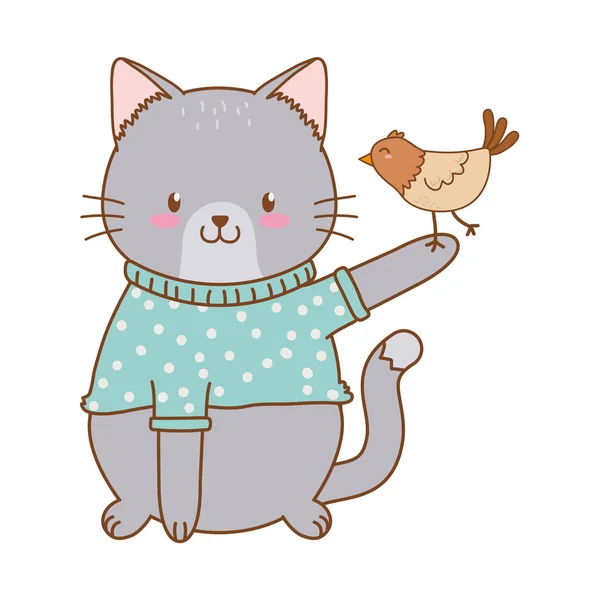 Carino Gatto Con Uccello Bosco Personaggio Vettore Illustrazione Disegno — Vettoriale Stock