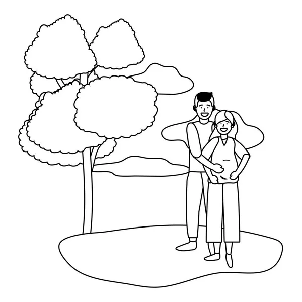 Charakter Czarno Biały Graficzny Ilustracja Kreskówka Para Park Postać Projekt — Wektor stockowy