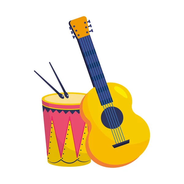 Guitarra Con Tambor Palillos Tambor Isolet Instrumentos Musicales Vector Ilustración — Vector de stock