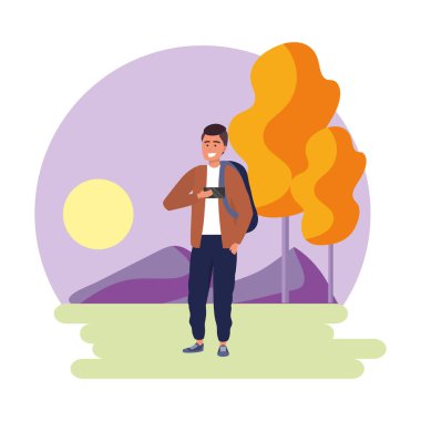 Bin yıllık öğrenci ceket ve sırt çantası kullanarak akıllı telefon kullanarak selfie açık havada renkli doğa arka plan ağaçlar çerçeve vektör illüstrasyon grafik tasarım ile