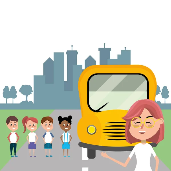Elementary School Students Teacher Front School Bus City Landscape Cartoon — Stock Vector