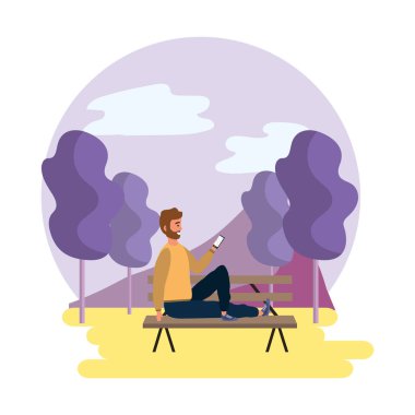 Milenyum sakallı adam parktaki bankta otururken arka planda renkli ağaçlar çerçeve çizimi grafiksel tasarımı olan akıllı telefon kullanıyor.