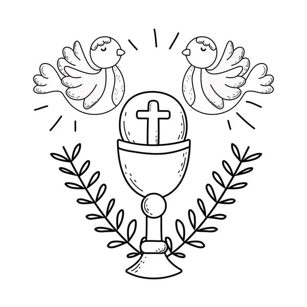 Sacred Chalice Religiösa Med Duvor Fåglar Vektor Illustration Design — Stock vektor