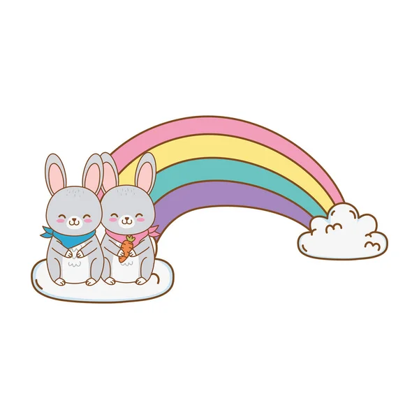 Cute Rabbits Clouds Rainbow Woodland Character Vector Illustration Design — Stock Vector