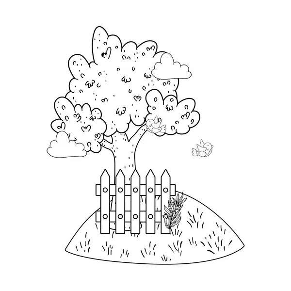 Niedliche Baumpflanze Mit Zaun Szene Vektor Illustration Design — Stockvektor