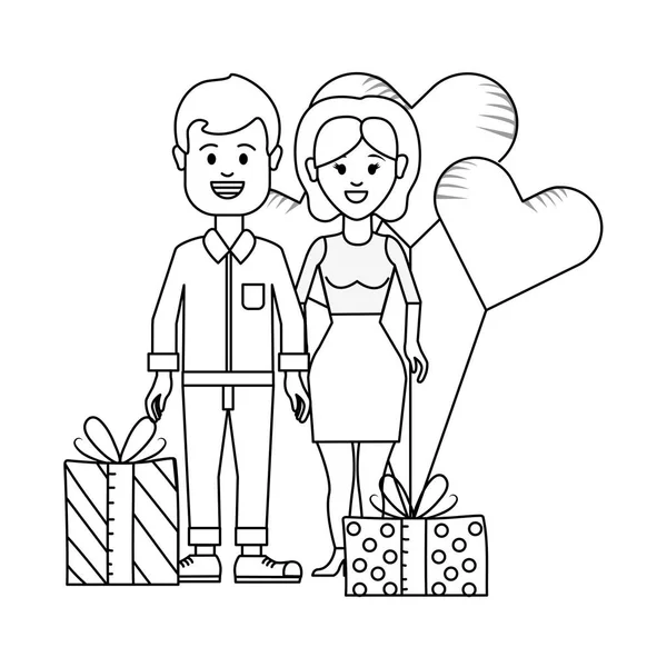 Jonge Mensen Paar Valentines Day Tussen Geschenken Ballonnen Cartoon Vector — Stockvector