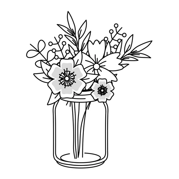 装飾メイソンジャーボトル植物ポット漫画ベクトルイラストグラフィックデザインの中の美しい自然の花 — ストックベクタ