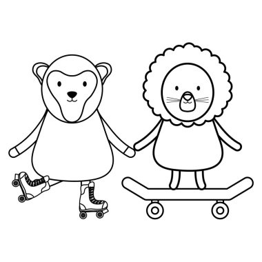 paten çocuksu karakterler vektör illüstrasyon tasarım maymun ile sevimli patenci aslan