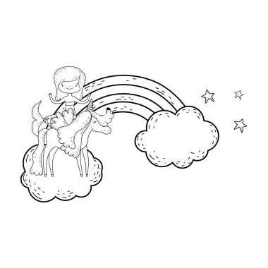 tek boynuzlu at ve bulutlar gökkuşağı deniz kızı vektör çizim tasarım