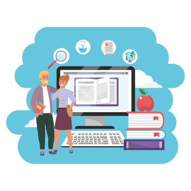 Online eğitim bin yıl öğrenciler çift kızıl saçlı kız bilgisayar kitap yığını ve elma arka plan sıçrama çerçeve vektör illüstrasyon grafik tasarım ile sarışın adam brearded