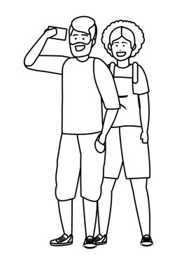 Bin yıllık çift akıllı telefon selfie mutlu gülümseyen tarih sosyal medya kazak ve şort oralls afro siyah ve beyaz vektör illüstrasyon grafik tasarım alarak