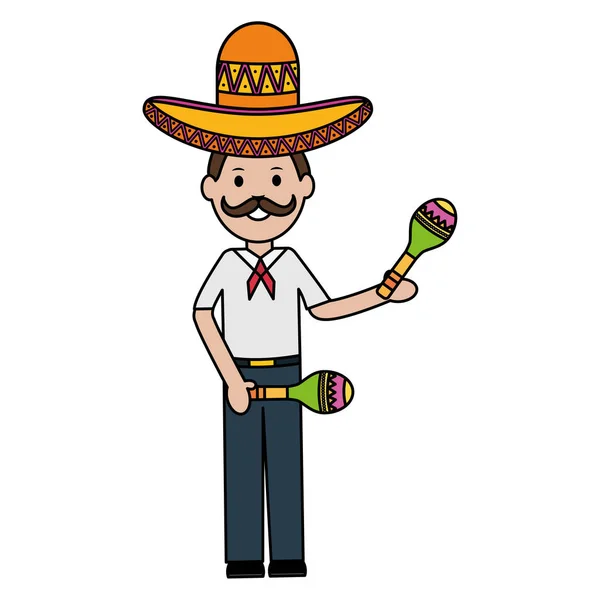 Mexikanischer Mann Mit Mariachi Hut Und Maracas Vektor Illustrationsdesign — Stockvektor