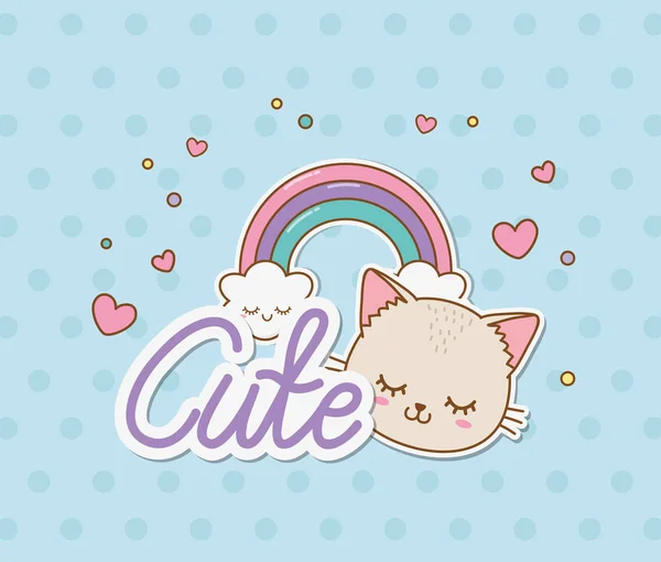 Schattige Kat Regenboog Stickers Kawaii Stijl Vector Illustratie Ontwerp — Stockvector
