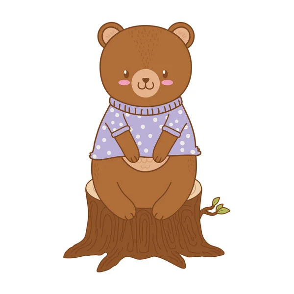 Bonito Pequeno Animal Urso Pelúcia Mais Madeira Tronco Desenho Animado — Vetor de Stock
