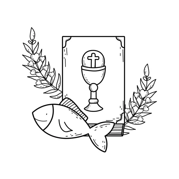 Livro Bíblia Sagrada Com Peixes Design Ilustração Vetorial — Vetor de Stock