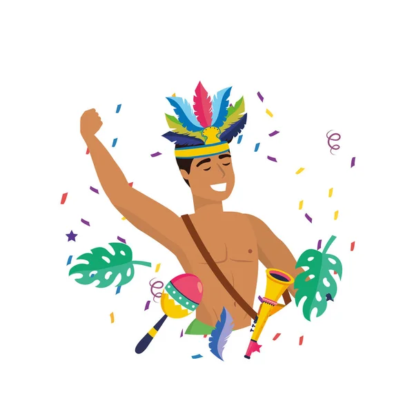 Γηγενής Άνθρωπος Φτερά Κόμμωση Τρομπέτα Και Maraca Γιορτάζοντας Βραζιλία Καρναβάλι — Διανυσματικό Αρχείο