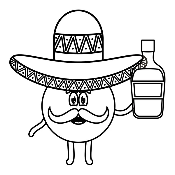 Mexikanisches Emoji Mit Hut Und Tequila Flasche Vektor Illustration Design — Stockvektor