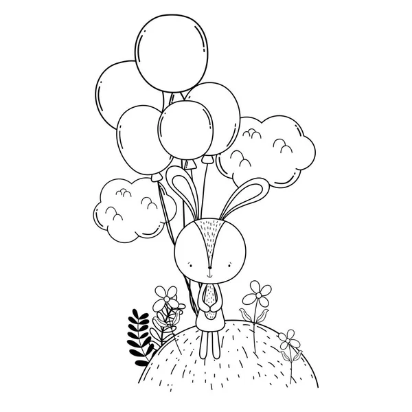 Schattige Kleine Konijn Met Ballonnen Helium Het Landschap Vector Illustratie — Stockvector