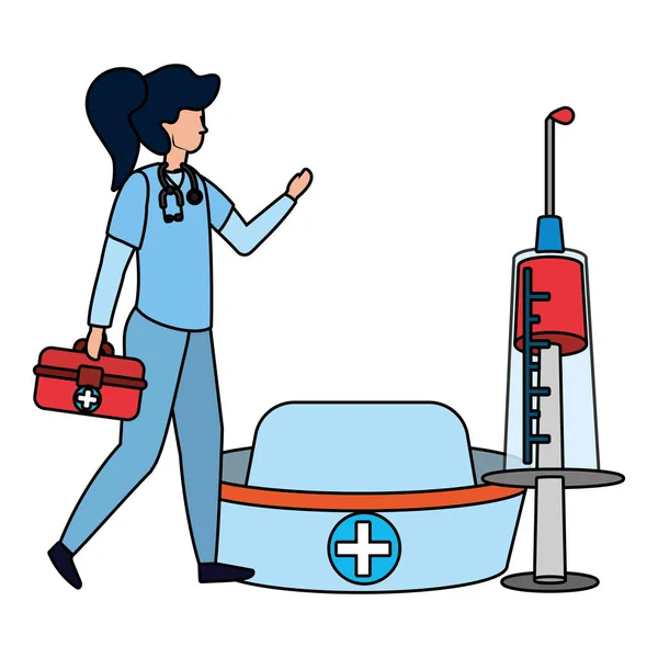 Gezondheidszorg Arts Vrouw Met Ziekenhuis Leveringen Cartoon Vector Illustratie Grafisch — Stockvector