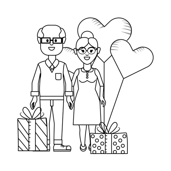 Jonge Mensen Paar Valentines Day Tussen Geschenken Ballonnen Cartoon Vector — Stockvector