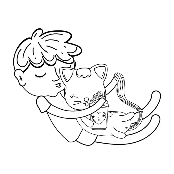 Pequeno Menino Com Gato Kawaii Personagem Vetor Ilustração Design — Vetor de Stock