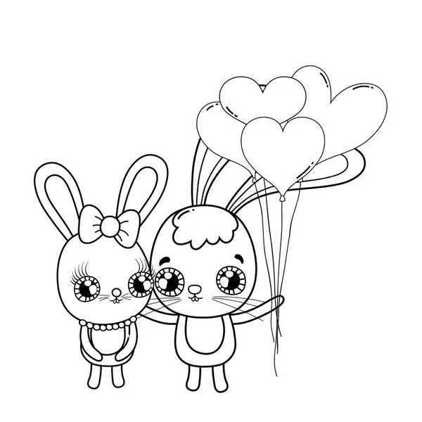 Lindo Conejos Pareja Con Globos Helio San Valentín Día Vector — Vector de stock