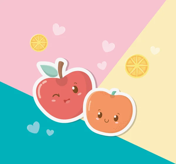 Frischer Apfel Und Kirschfrüchte Kawaii Zeichen Vektor Illustration Design — Stockvektor