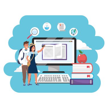 Online eğitim bin yıllık öğrenciler çift adam şapka ve elbise bilgisayar kitap yığını ve elma arka plan sıçrama çerçeve vektör illüstrasyon grafik tasarım ile kapüşonlu ve kız giyen