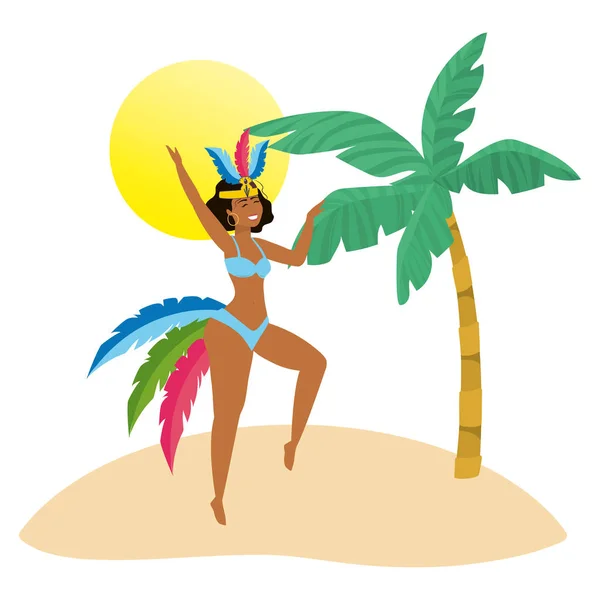 Mujer Nativa Bailando Celebrando Carnaval Brasil Playa Con Ilustración Vectores — Archivo Imágenes Vectoriales