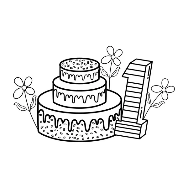 Party Kuchen Mit Blumen Und Kerze Nummer Eins Vektor Illustration — Stockvektor