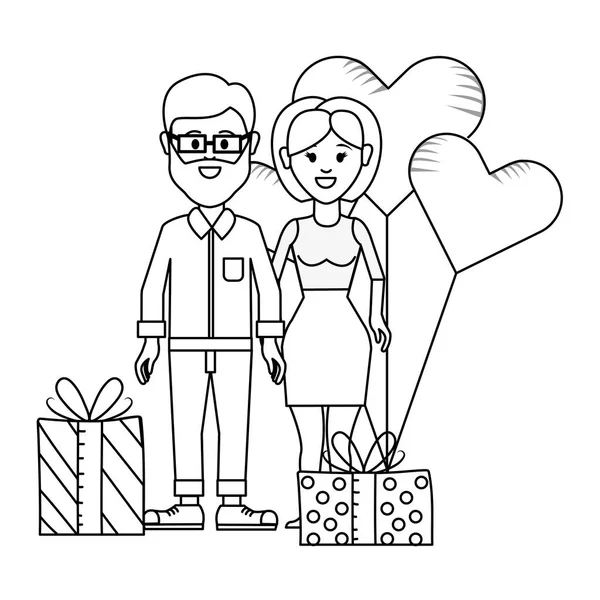 Jeunes Couples Saint Valentin Entre Cadeaux Ballons Illustration Vectorielle Dessin — Image vectorielle