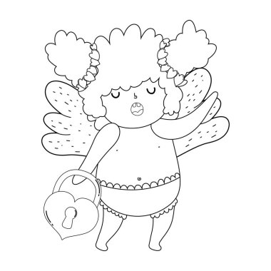 kalp asma kilit vektör illüstrasyon tasarımı ile sevimli cupid tombul kız