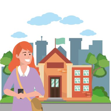 Üniversite veya üniversite kampüsü arka plan cityscape arka plan vektör illüstrasyon grafik tasarım akıllı telefon tarama kullanarak öğrenci redhead kadın mesajlaşma
