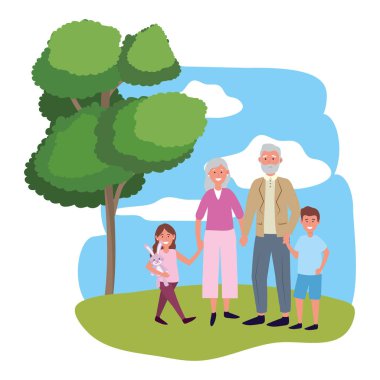 tavşan ve balonlar park manzara vektör illüstrasyon grafik tasarım ile çocuk avatar çizgi film karakteri ile yaşlı çift