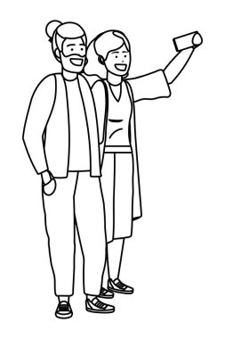 Bin yıllık çift akıllı telefon selfie mutlu gülümseyen tarih sosyal medya kazak siyah beyaz vektör illüstrasyon grafik tasarım alarak