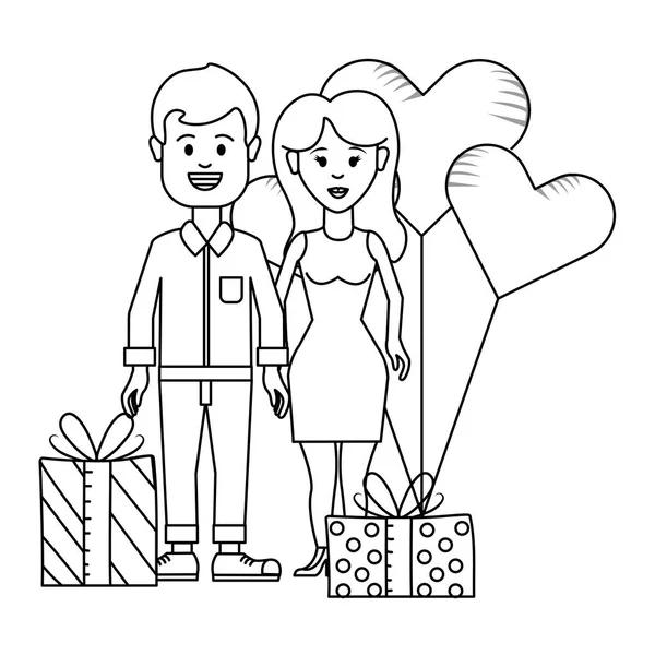Jovens Casal Dia Dos Namorados Entre Presentes Balões Desenho Animado — Vetor de Stock