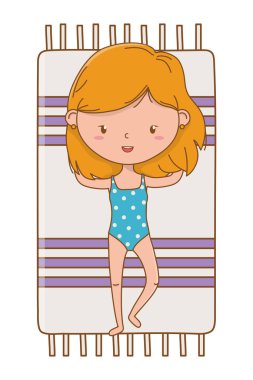 havlu karikatür yaz ve seyahat vektör illüstrasyon editable tasarım ile güneşlenme mayo ile mutlu kız çocuk