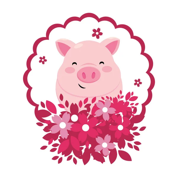 Porc Avec Fleur Icône Ronde Vectoriel Illustration Conception Graphique — Image vectorielle