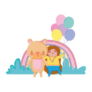 Gökkuşağı ve balon helyum vektör çizim tasarım ile küçük tombul kız