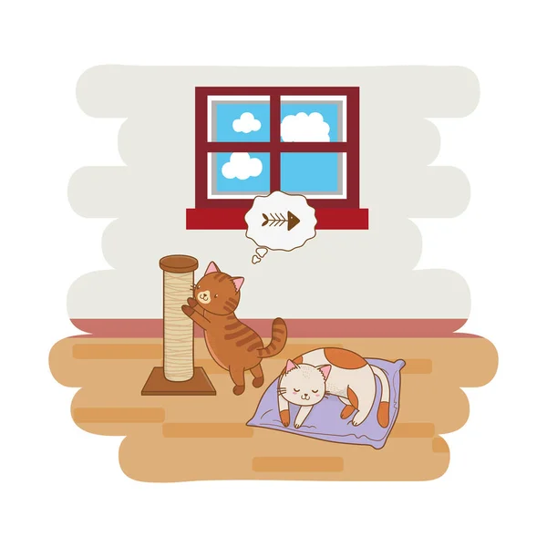 Lindo Divertido Mascotas Gatos Jugando Con Árbol Juguete Dibujos Animados — Vector de stock