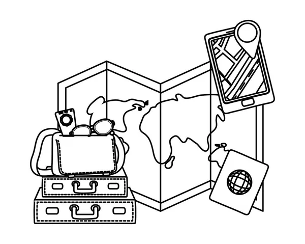 Viaggio Turistico Estate Viaggio Gps Con Posizione Passaporto Ripiegato Mappa — Vettoriale Stock