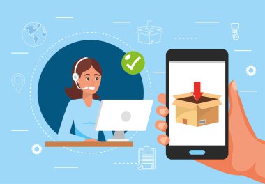 kadın çağrı merkezi servisi ve el akıllı telefon ve kutu dağıtım vektör illüstrasyonuyla