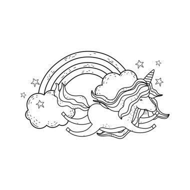 bulutlar ve gökkuşağı vektör çizim tasarım olan sevimli at