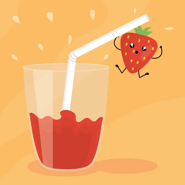 Vidro Com Suco Morango Fruta Fresca Kawaii Caráter Vetor Ilustração — Vetor de Stock