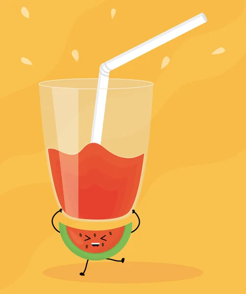 Vidrio Con Jugo Sandía Fruta Fresca Kawaii Carácter Vector Ilustración — Vector de stock