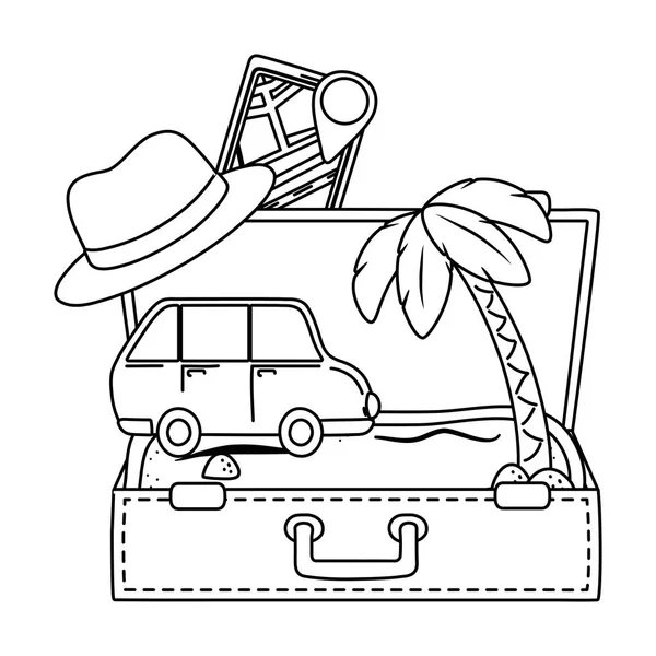 観光旅行夏の旅行オープンスーツケース砂青い車のGps位置マーカーとヤシの木の冒険探検ベクトルイラストグラフィックデザイン — ストックベクタ